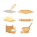 Baking, pastry set with kitchen wooden utensils, ingredients. Bowl with powder, desk with rolling pin and dough, bag