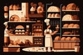 Baking the Perfect Loaf vector style Illustration of a Bustling Bakery with Artisanal Ovens and Kneading Dough