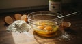 Baking preparation: Eggs in a bowl, flour, and whisk on a wooden surface Royalty Free Stock Photo