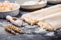 Baking preparation of savory pie with phyllo dough sheets stuffed with feta cheese