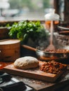 Baking scene with dough rising, next to a pot of spicy and sweet meat sauce simmering, the heart of home cooking