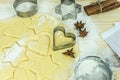 Baking scenery with heart shaped cookie cutter, various ingredients and utensils. Heart shape cut from cookie dough.