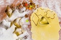 Baking scenery with moon, star, flower, heart shaped cookie cutter, rolled pastry, wheat flour, candied fruit, icing sugar and