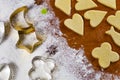 Baking scenery with moon, star, flower shaped cookie cutter, rolled pastry, wheat flour, candied fruit, icing sugar and Japanese