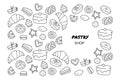 Hand drawn template with sweets such as cake, donut, cupcake, croissant. Illustration for pastry shop.