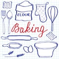 Baking set. Hand-drawn cartoon utensils and ingridients. Doodle drawing.