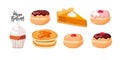 Baking set. Home baking lettering and pastries, donuts, pancakes, cupcake, pie piece. Tasty breakfast. Various tasty