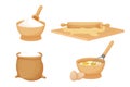 Baking set with kitchen wooden utensils, ingredients. Bowl with powder, desk with rolling pin and dough, bag with flour