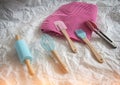 The baking set.there are Silicone Spatula,Silicone Brush,Egg Whisk,Rolling Pin and Nylon Food Tongs put on background