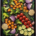 A baking sheet with a colorful arrangement of prepped vegetables: broccoli florets, orange sweet Royalty Free Stock Photo