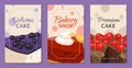 Baking shop menu cards vector illustration. Chocolate and fruity desserts for sweet cake shop with cupcakes, bakery