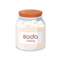 Baking soda in glass jar, closed with wooden lid. Sodium bicarbonate, cooking powder. Alkaline, antacid bicarb in