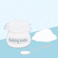 Baking soda in a glass jar and in a spoon on a table