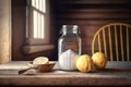 Baking soda or sodium bicarbonate and lemon on wooden table. This combination is effective natural home remedy.. Created