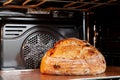 Baking sourdough bread in an oven.