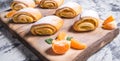 Baking strudel,rolls powdered with mint leaves tangerines,cinnamon sticks on a black and white background,on a wooden Board Royalty Free Stock Photo