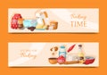 Baking time set of banners. Kitchen utensils. Baking ingredients set sugar, vanilla, flour, oil, butter, baking soda Royalty Free Stock Photo