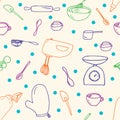 Baking tools equipment colorful line art doodles seamless pattern on cream paper background