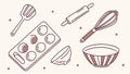Baking tools set: whisk, rolling pin, and mixing bowls. vector design Generative AI Royalty Free Stock Photo