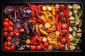 baking tray with assortment of roasted veggies Royalty Free Stock Photo