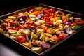 baking tray with assortment of roasted veggies Royalty Free Stock Photo