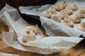 Baking tray with delicious coconut macaroons. Closeup Royalty Free Stock Photo