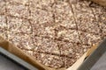 Baking tray with dough from linseed, oat flakes and cheese, cut into rhombs to make healthy crispy pastry snacks, copy space,