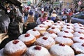 Baking tray full of fresh Sufganiyot Israeli doughnuts