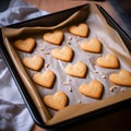baking tray with heart-shaped golden brown cookies, preparation for valentine's day.