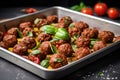 baking tray with meal prep meatballs ready for baking