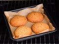 Baking tray with oatmeal cookies in it in an oven