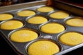 baking tray of raw cornbread muffins ready for oven