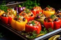 baking tray with stuffed large bell peppers with tunafish