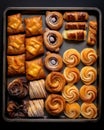 Baking tray top view with variety of Danish pastries made of dough of different shapes and with choice of fillings. Generative AI