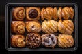 Baking tray top view with variety of Danish pastries made of dough of different shapes and with choice of fillings. Generative AI