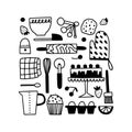 Baking utensils doodle set. Cute hand drawn icon illustration for bakery, kitchenware, cafe, recipe book print.