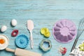Baking utensils and ingredients. Colorful silicone cooking utensils, cookie mold