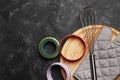 Baking utensils, rolling pin, cookie mol, whisk, on a dark background