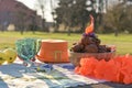 Baking and various foods, drinks and wine for lunch on the nature. Oranjevaya hat and accessories. Traditional donuts for King`s Royalty Free Stock Photo