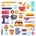 Baking vector kitchenware and food bakery ingredients for cake illustration caking set of cooking cupcake or pie with