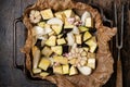 Baking vegetables. A variety of seasonal vegetables are prepared for roasting in the oven Royalty Free Stock Photo