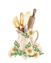 Baking watercolor illustration with kitchen utensils in a clay jag with flowers, polling pin, whisk, spoon on white