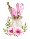 Baking watercolor illustration with kitchen utensils in a clay jag, polling pin, whisk, spoon with pink flowers. Hand