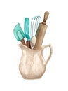 Baking watercolor illustration with kitchen utensils in a clay jag, polling pin, whisk, spoon on white background. Hand drawn