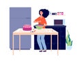 Baking workshop. Girl cooking pie, bakery kitchen. Birthday festive eating, sweet cake and happy female character Royalty Free Stock Photo