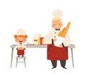 Baking workshop. Smiling girl and chef in uniform cooking fresh bread. Happy time with grandfather vector illustration