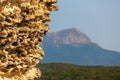 Bakla is an ancient cave town in Crimea. Scenic sunny day landscape from Bakla under blue sky