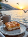 Baklava and coffee at seaside with sunset and flying birds. Royalty Free Stock Photo