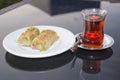 Baklava dessert of east countries with turkish tea