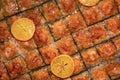 Baklava dessert with lemon background pattern